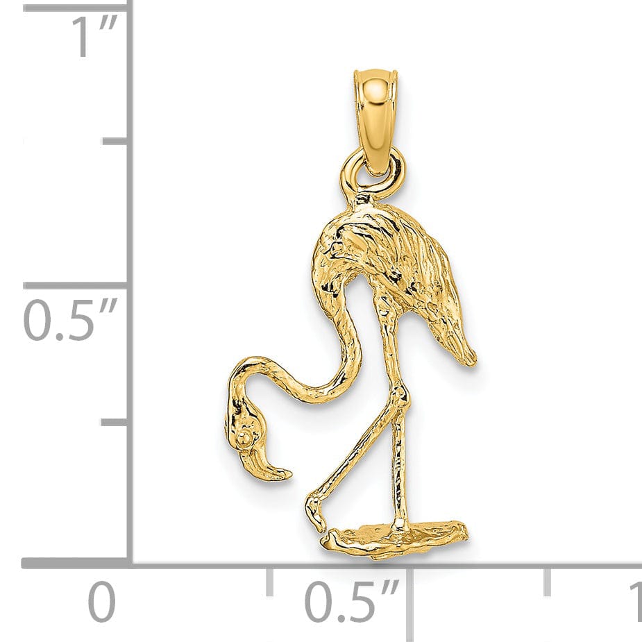 14K Yellow Golod Polished Textured Finish 3-Dimensional Flamingo Standing Charm Pendant