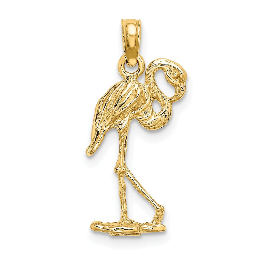 14K Yellow Gold Textured Polished Finish 3-Dimensional Flamingo with Head Up Design Charm Pendant