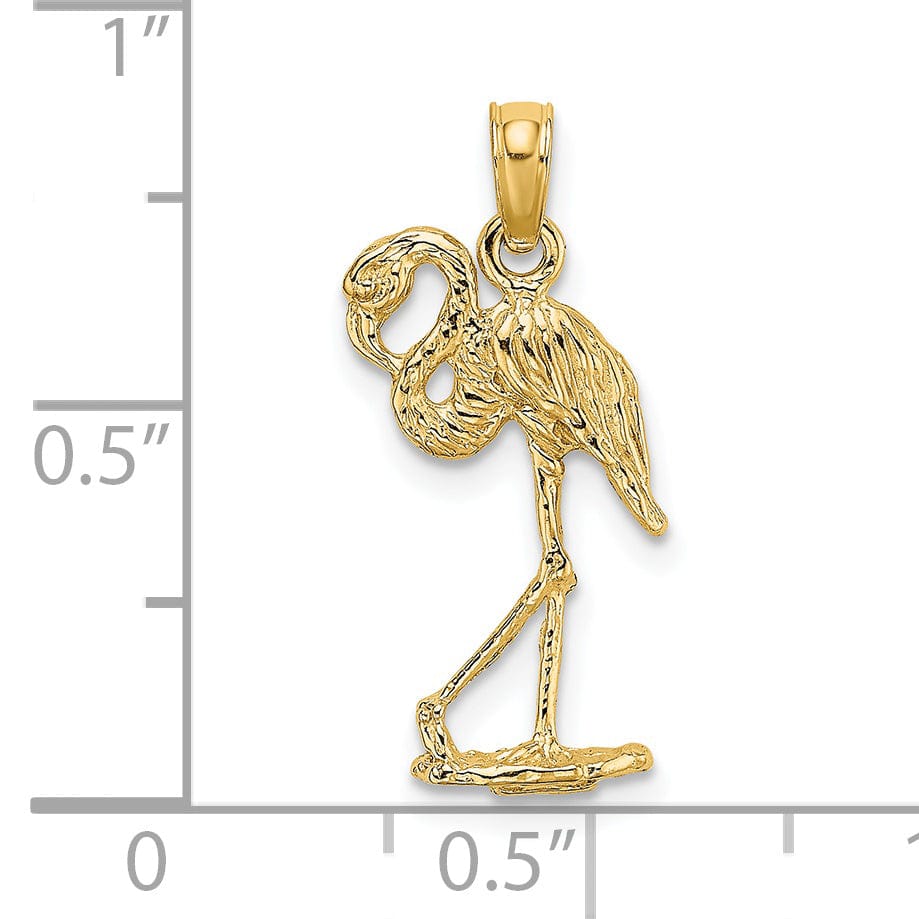 14K Yellow Gold Textured Polished Finish 3-Dimensional Flamingo with Head Up Design Charm Pendant