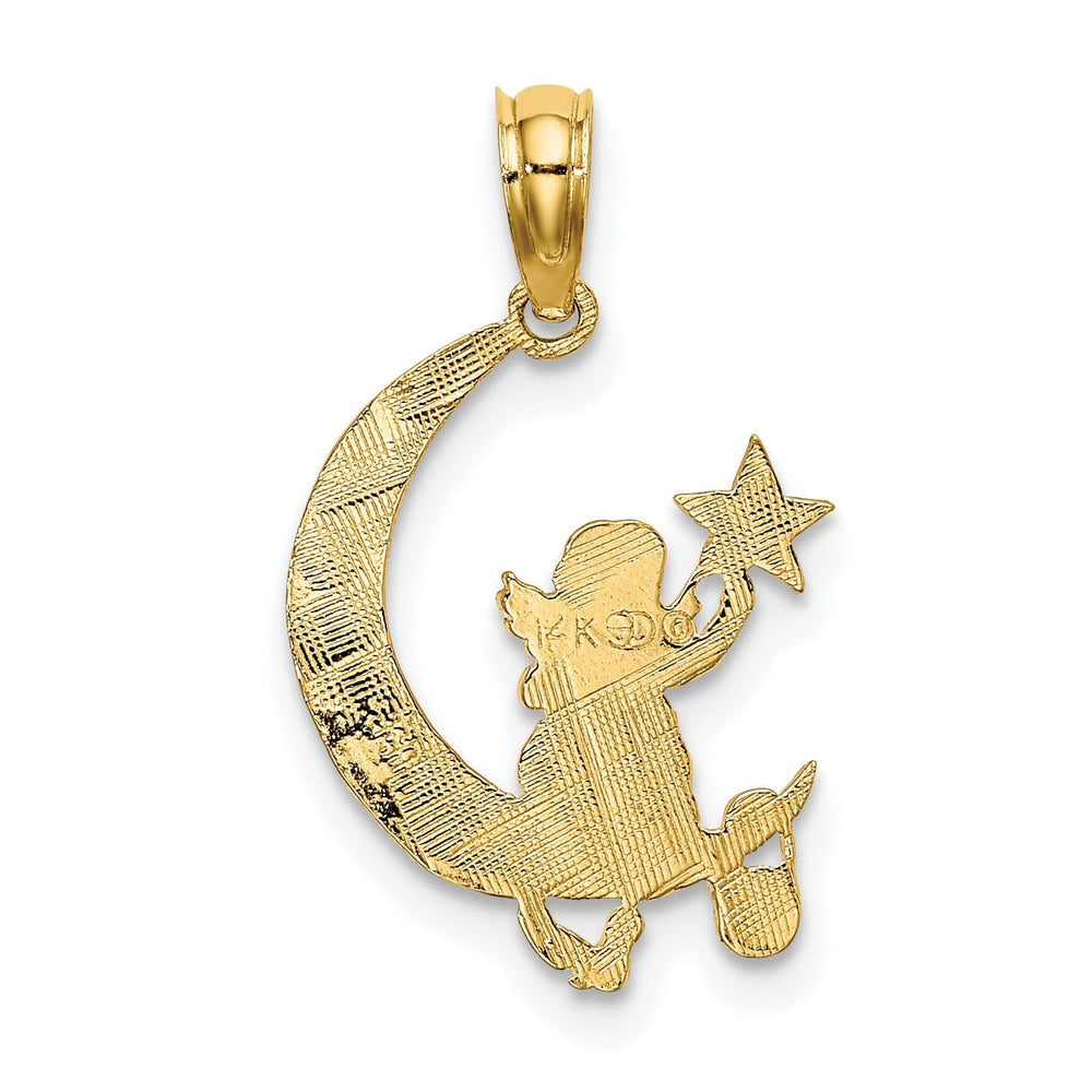 14K Yellow Gold Polished Finish Angel Holding a Star Sitting on a Half Moon Pendant