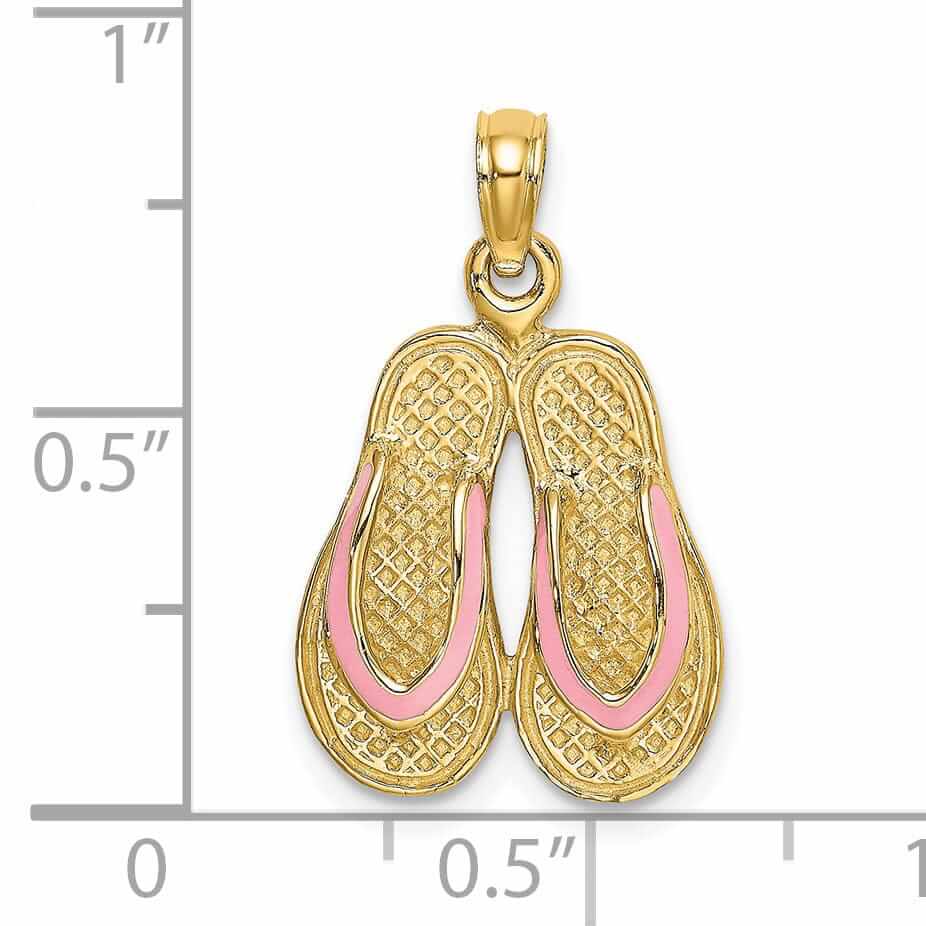 14k Yellow Gold 3-Dimensional Polished Pink Color Enamel Finish Double Flip-Flop Sandal Charm Pendant