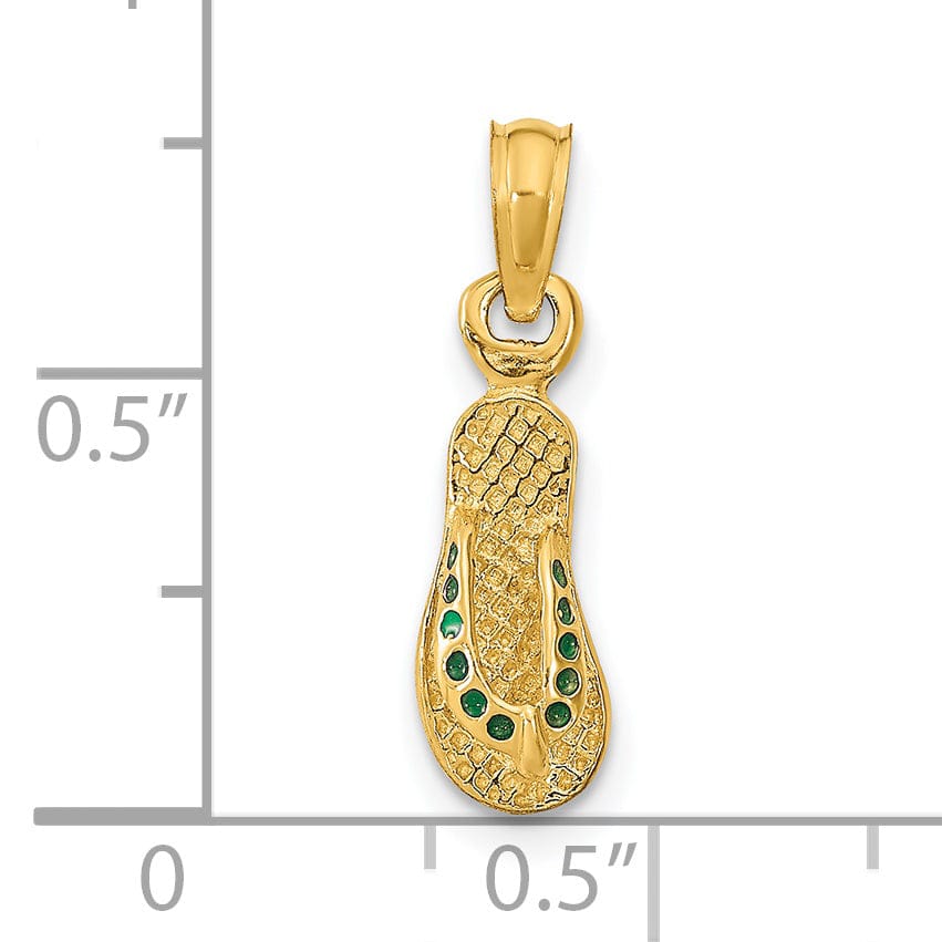 14k Yellow Gold Testure Polished Finish 3-Dimensional Polished Texture Green Enamel Finish Single Flip-Flop Sandle Charm Pendant