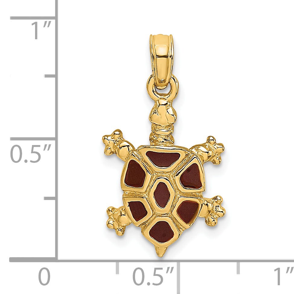 14k Yellow Gold with Brown Enamel Open Back Solid Casted Polished Finish Land Turtle Charm Pendant