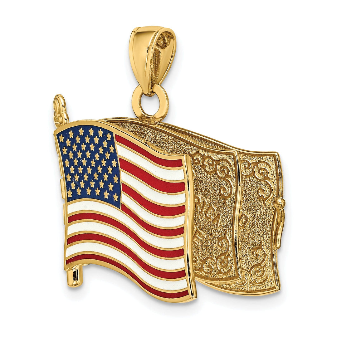 14K Yellow Gold Polished Textured Red,White & Blue Enamel Finish 3-Dimensional Moveable Pledge Of Allegiance Flag Book Design Charm Pendant