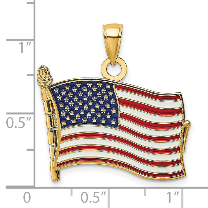 14K Yellow Gold Polished Textured Red,White & Blue Enamel Finish 3-Dimensional Moveable Pledge Of Allegiance Flag Book Design Charm Pendant