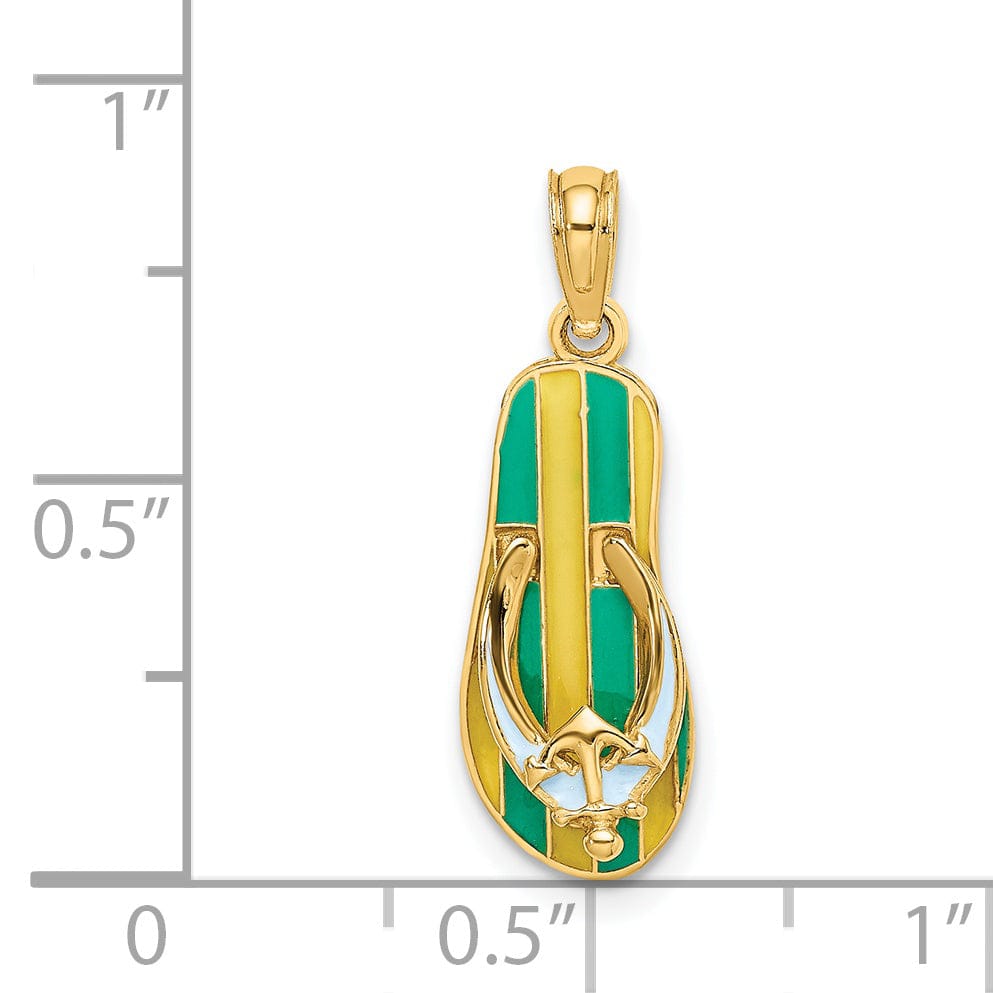14K Yellow Gold 3-Dimensional Polished Texture Green Strip Enamel Finish with Anchor Flip-Flop Design Sandle Charm Pendant