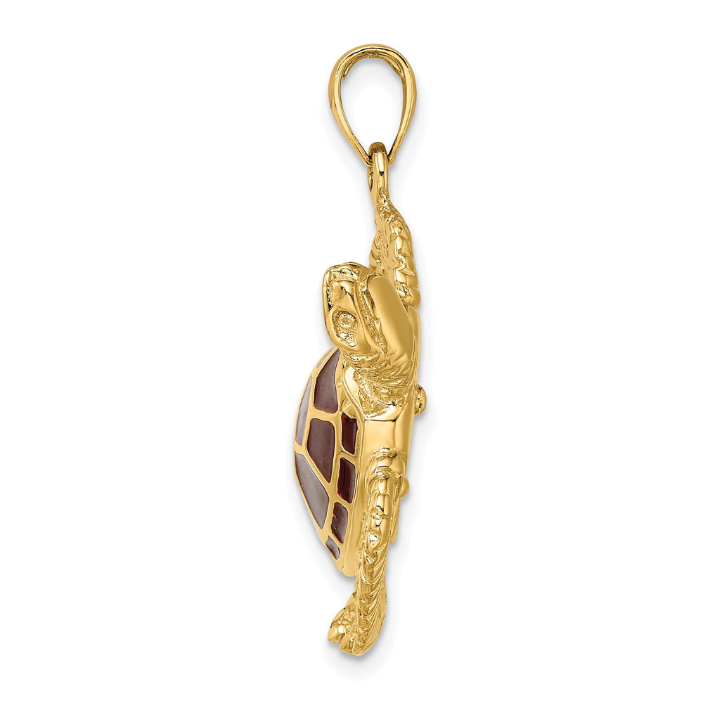 14k Yellow Gold Casted Solid Polished Finish 3D Brown Enamel Large Sea Turtle Charm Pendant