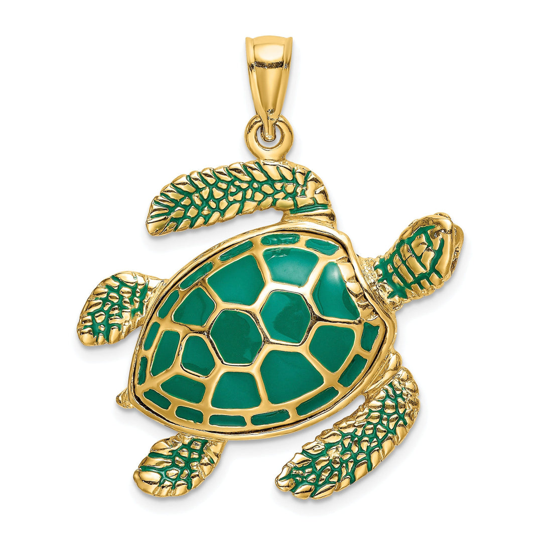 14k Yellow Gold Solid Casted Polished Finish 3D Green Enamel Large Sea Turtle Charm Pendant