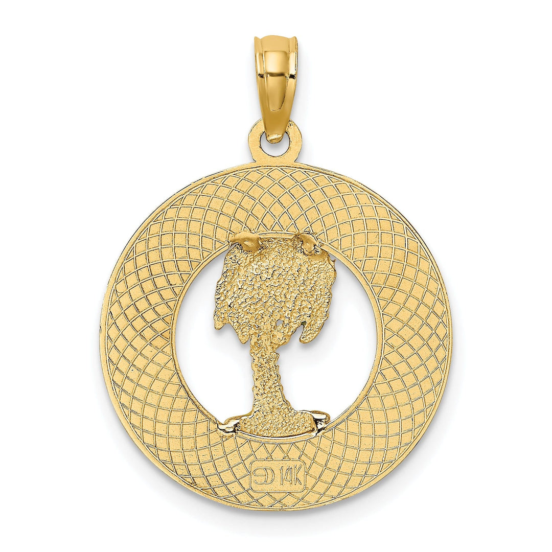 14K Yellow Gold Polished Textured with Green Enamel Finish FLORIDA Palm Tree in Circle Design Charm Pendant