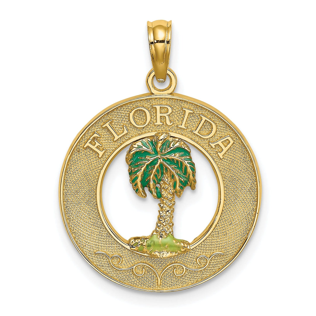14K Yellow Gold Polished Textured with Green Enamel Finish FLORIDA Palm Tree in Circle Design Charm Pendant