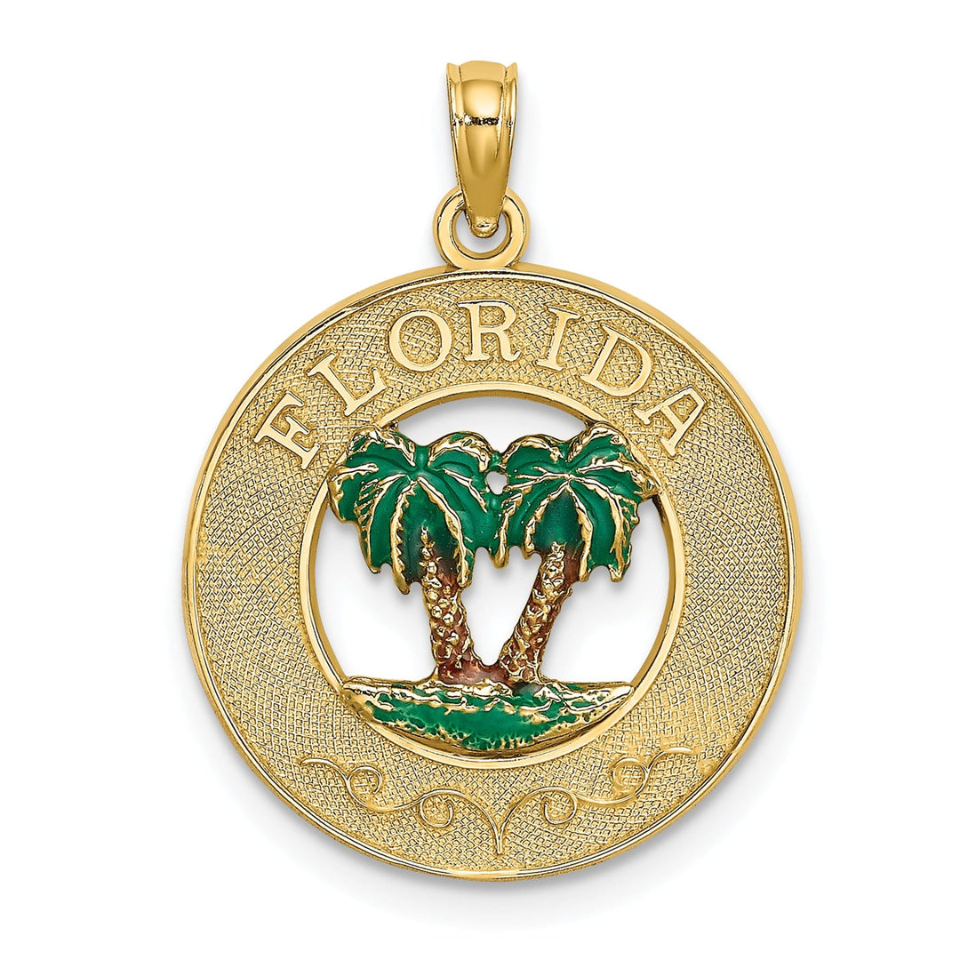 14K Yellow Gold Polished Textured with Green Enamel Finish FLORIDA Double Palm Tree in Circle Design Charm Pendant