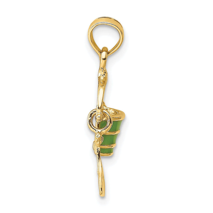 14k Yellow Gold Solid Polished Green Color Enameled Finish Moveable 2-Dimensional Beach Pail with Shovel Charm Pendant
