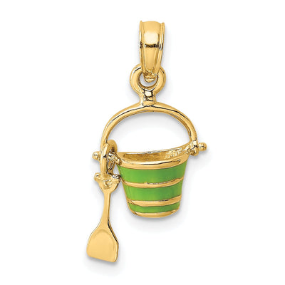 14k Yellow Gold Solid Polished Green Color Enameled Finish Moveable 2-Dimensional Beach Pail with Shovel Charm Pendant