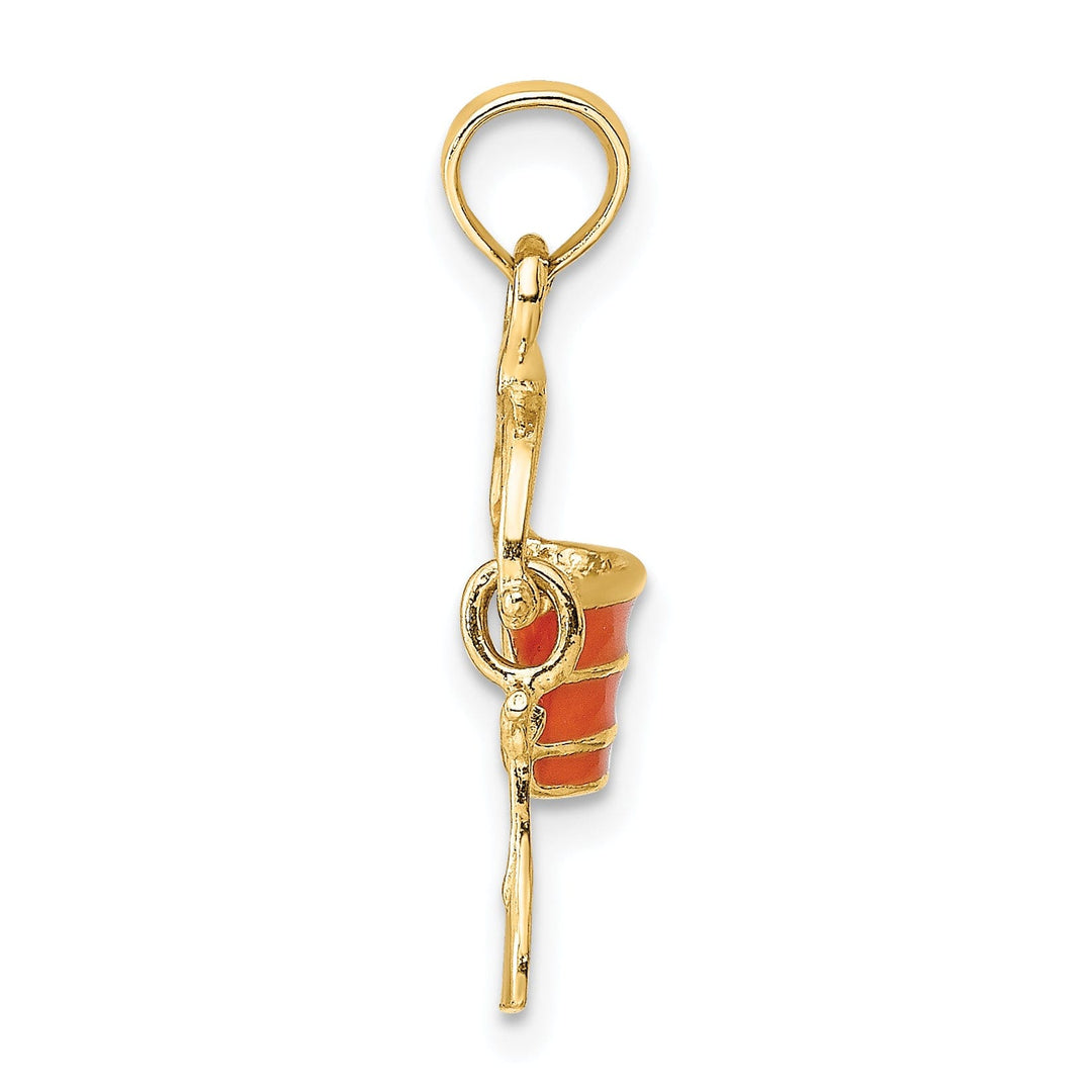 14k Yellow Gold Solid Polished Orange Color Enameled Finish Moveable 2-Dimensional Beach Pail with Shovel Charm Pendant