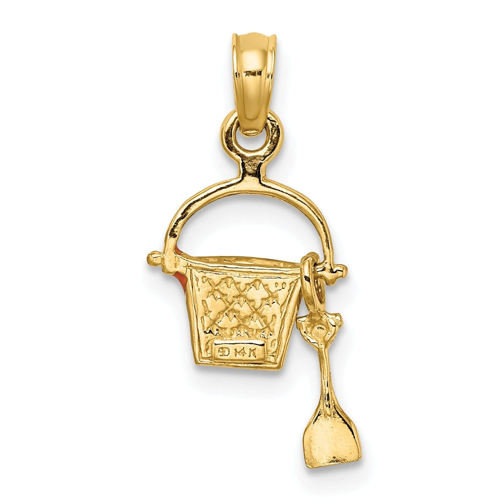 14k Yellow Gold Solid Polished Orange Color Enameled Finish Moveable 2-Dimensional Beach Pail with Shovel Charm Pendant