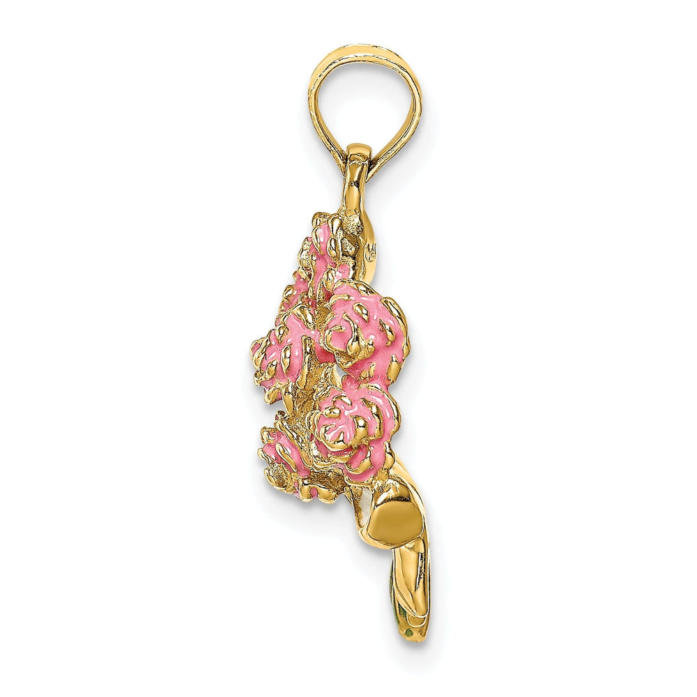 14k Yellow Gold Open Back Solid Polished Finish Enameled Bouquet of Pink Roses Charm Pendant