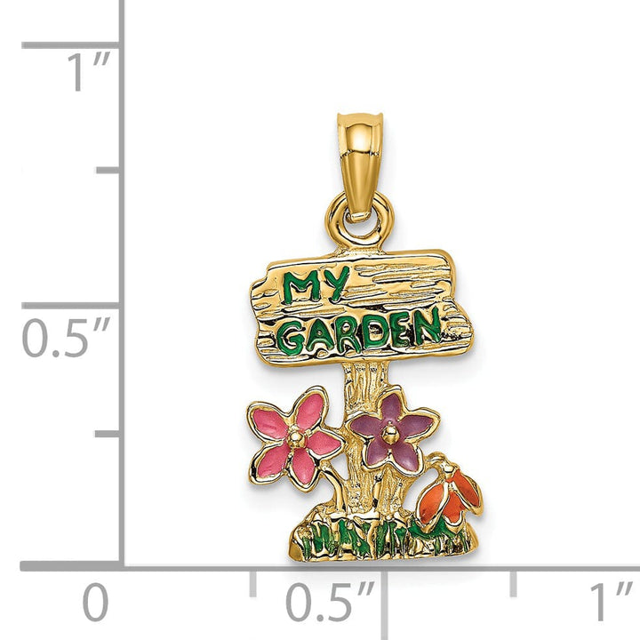 14k Yellow Gold Textured Back Solid Polished Finish Multi-color Enamel MY GARDEN Post Flower Charm Pendant