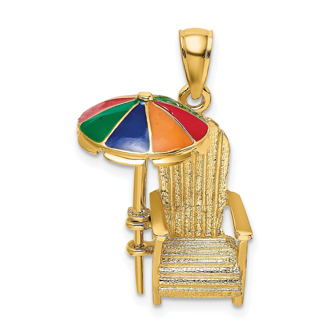 14K Yellow Gold Polished Finish 3-Dimensional Beach Chair with Multi Color Enameled Umbrella Charm Pendant