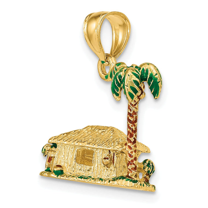 14K Yellow Gold Textured Multi-Color Enameled Finish 3-Dimensional Palm Tree and Hut Charm Pendant
