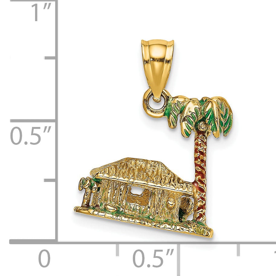 14K Yellow Gold Textured Multi-Color Enameled Finish 3-Dimensional Palm Tree and Hut Charm Pendant