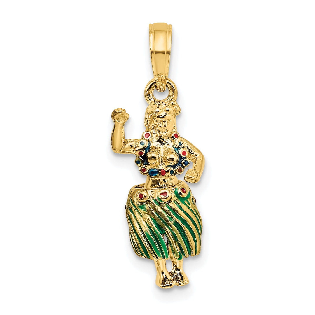 14K Yellow Gold Red, Green Enameled Polished Finish 3-Dimensional Hula Girl With Moveable Grass Skirt Charm Pendant