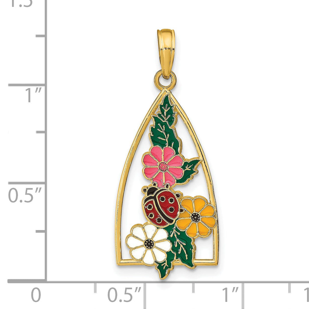 14K Yellow Gold Textured Polished Multi Color Enameled Finish Ladybug and Flowers Triangle Shape Design Charm Pendant