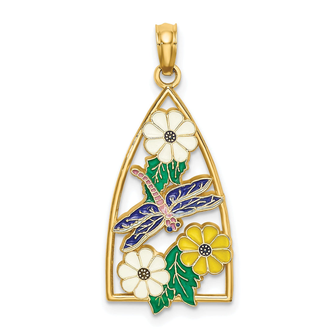 14K Yellow Gold Textured Polished Multi Color Enameled Finish Dragonfly and Flowers Triangle Shape Design Charm Pendant