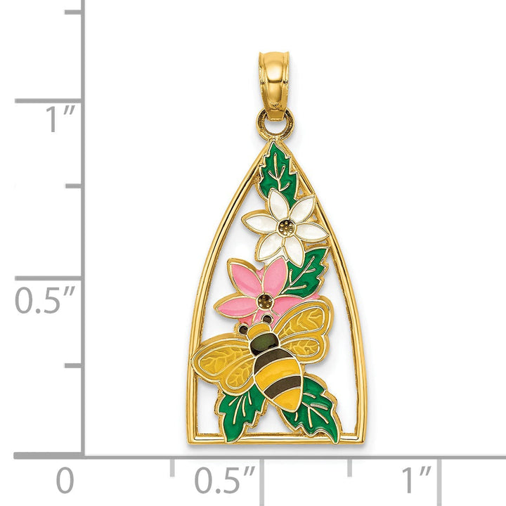 14K Yellow Gold Textured Polished Multi Color Enameled Finish Bumblebee and Flowers Triangle Shape Design Charm Pendant