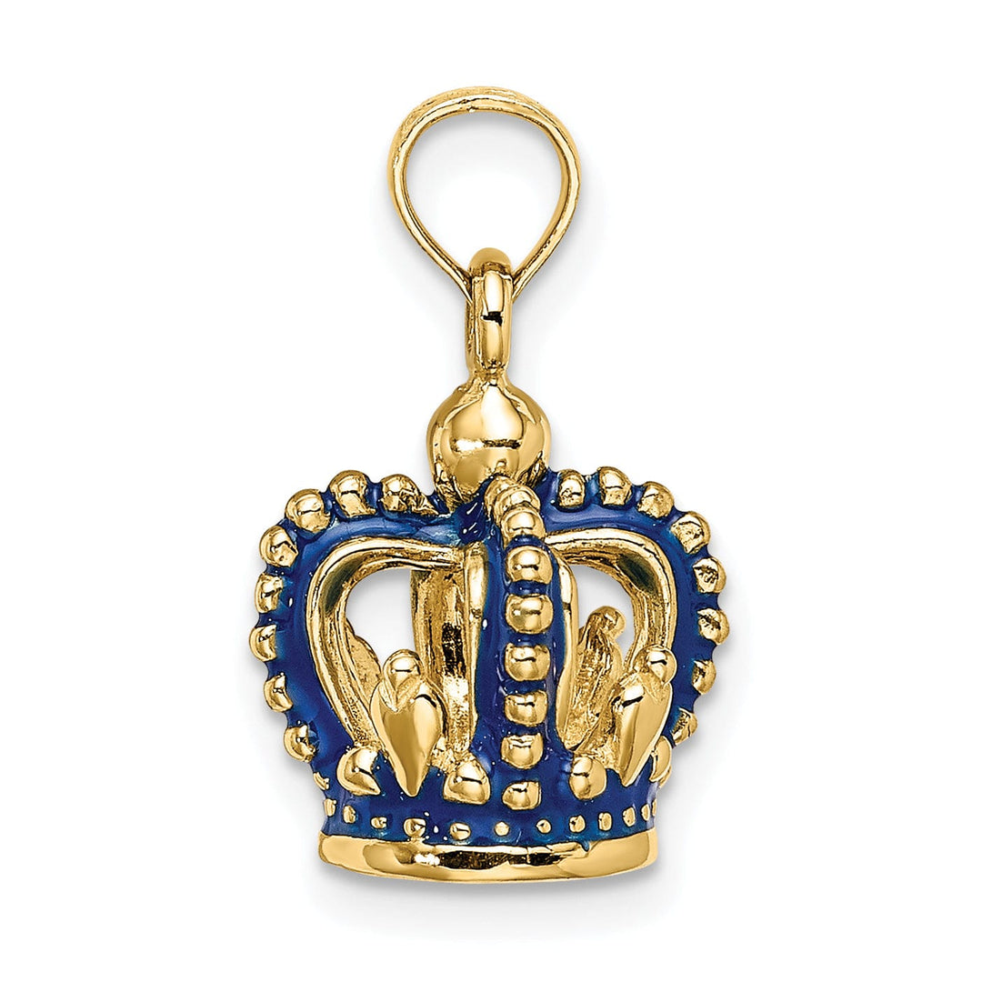 14K Yellow Gold Solid Polished Blue Enamel Finish 3-Dimensional Beaded Design Crown Charm Pendant