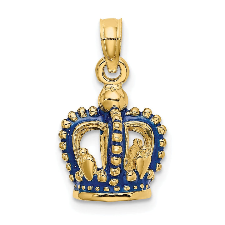 14K Yellow Gold Solid Polished Blue Enamel Finish 3-Dimensional Beaded Design Crown Charm Pendant