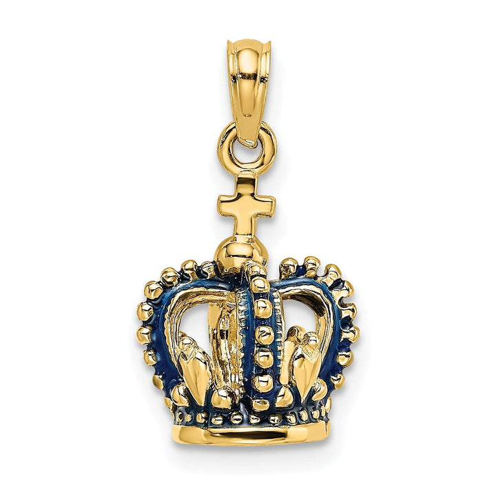 14K Yellow Gold Polished Solid Blue Enamel Finish 3-Dimensional Beaded Design Crown with Cross on Top Charm Pendant