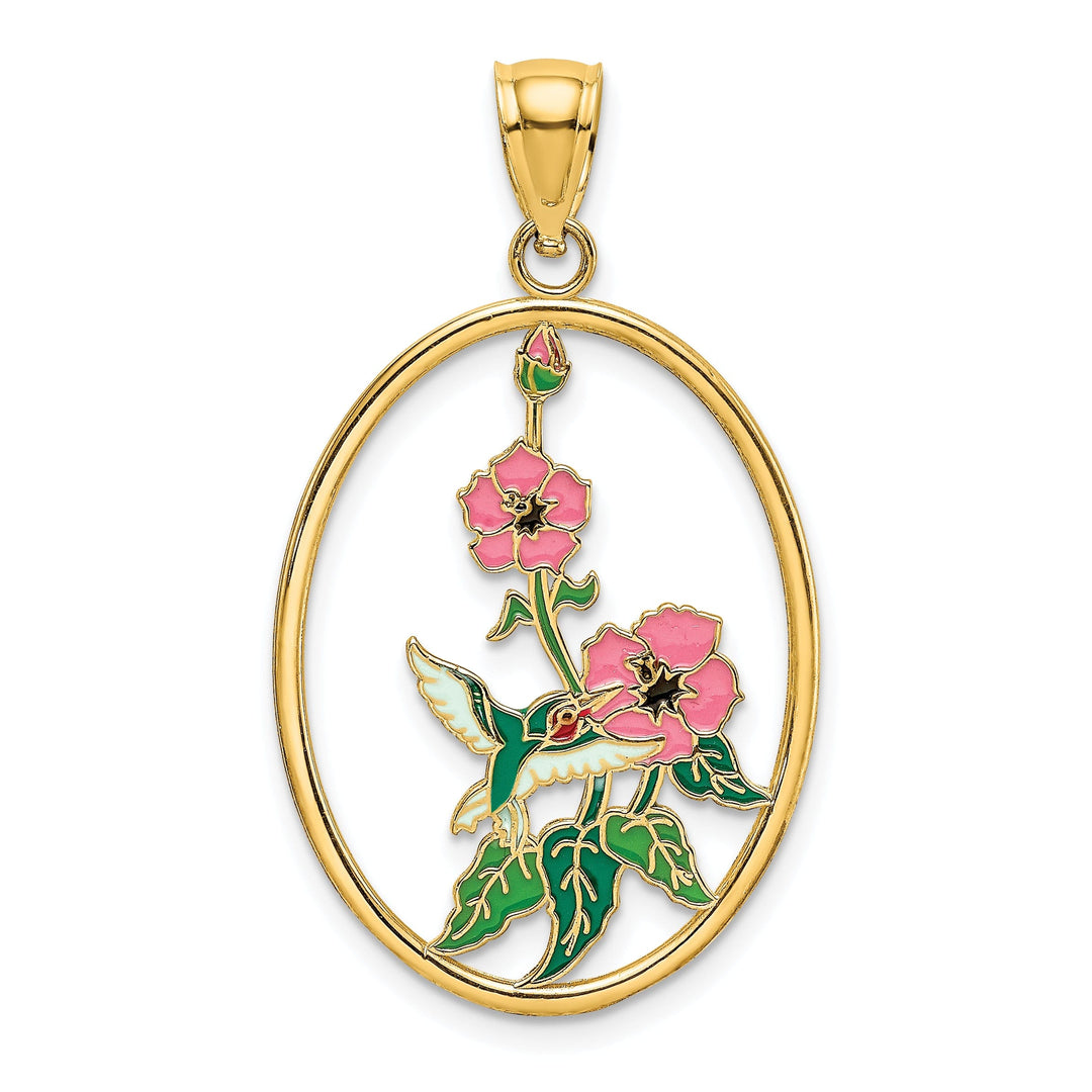 14K Yellow Gold Multi Color Enamel Textured Polished Finish Hummingbird and Flowers Oval Frame Design Charm Pendant