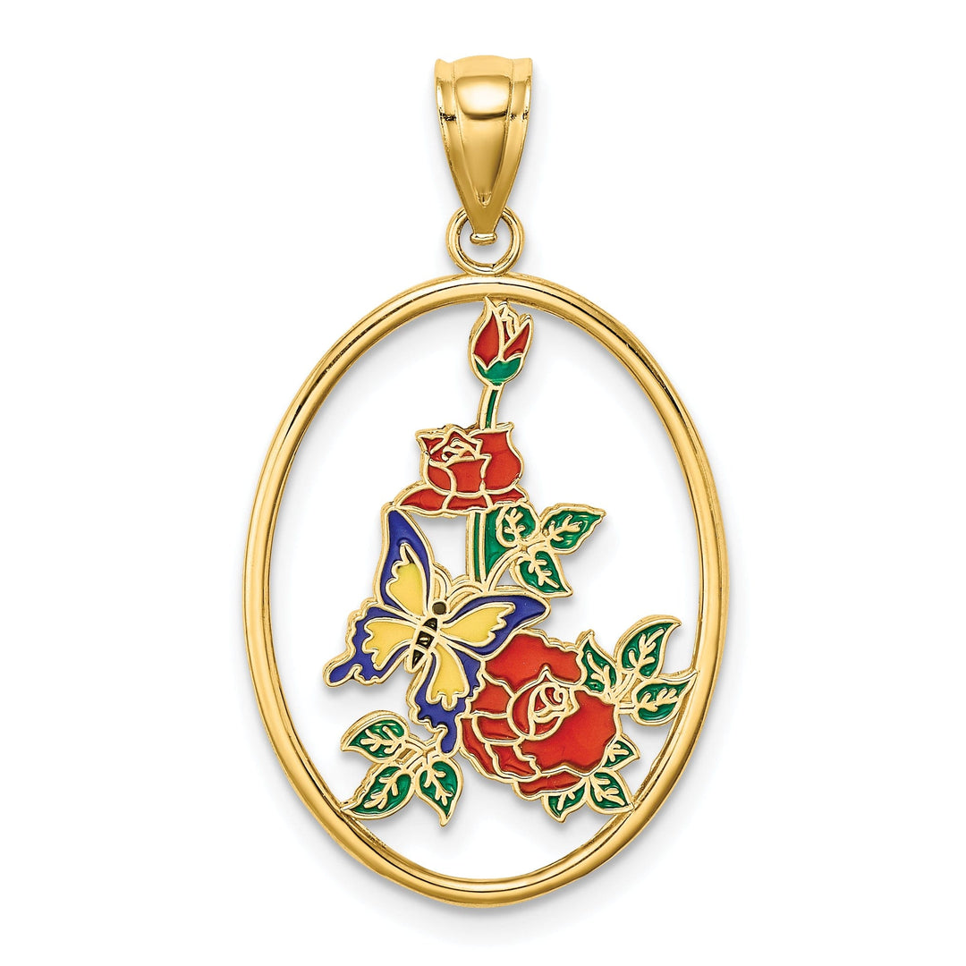 14K Yellow Gold Solid Open Back Polished Finish Enamel Yellow Butterfly in Oval Red Flower Charm Pendant