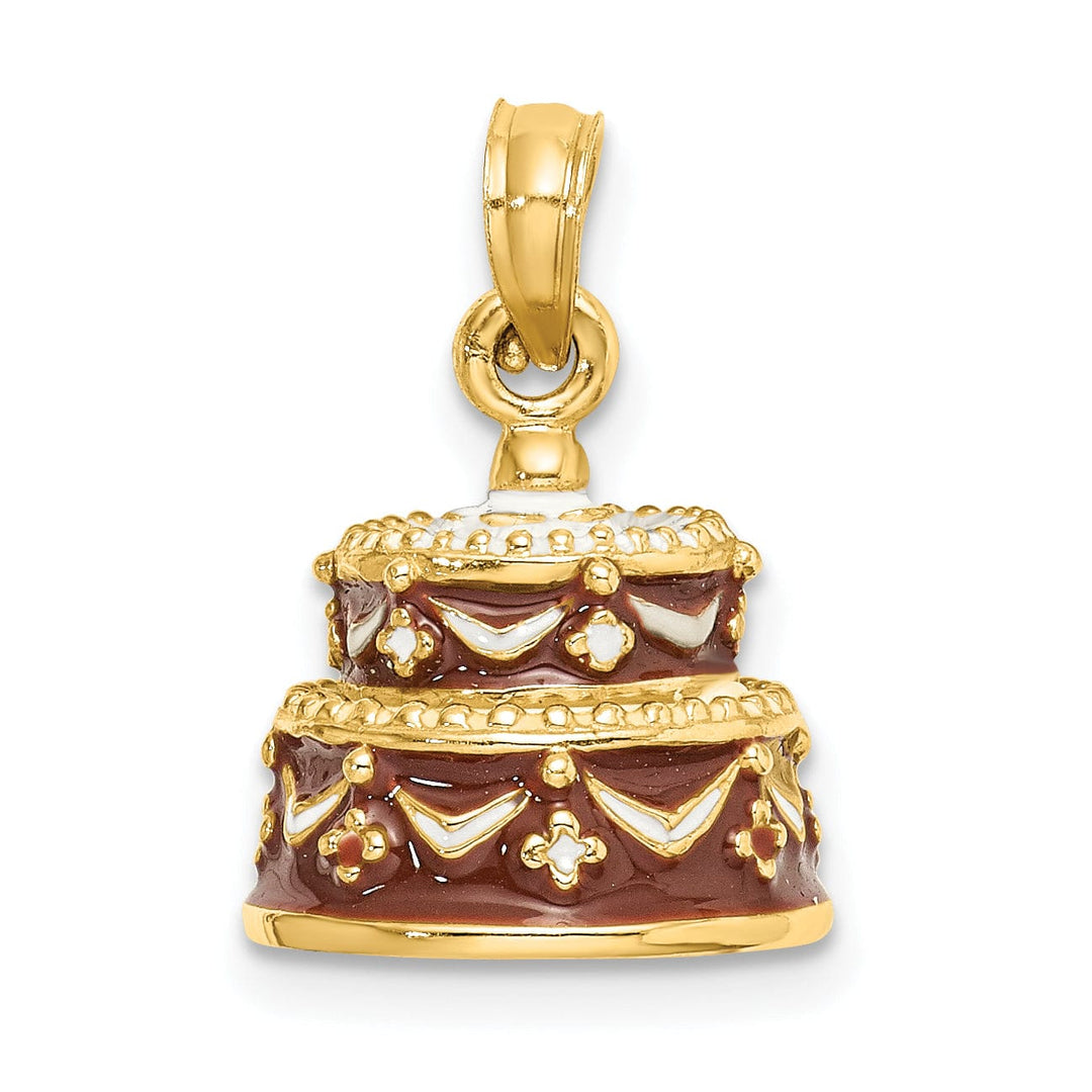 14K Yellow Gold Polished Brown Enameled Finish 3-Dimensional HAPPY BIRTHDAY Cake Design with Brown Frosting Charm Pendant