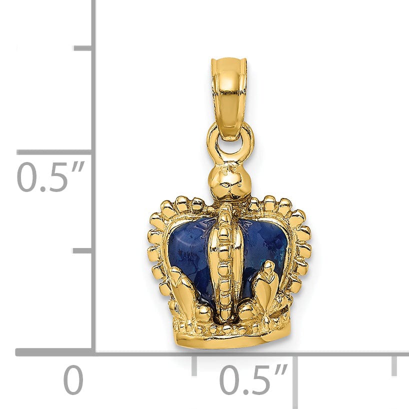 14K Yellow Gold Polished Solid Blue Enamel Finish 3-Dimensional Beaded Design Crown Charm Pendant