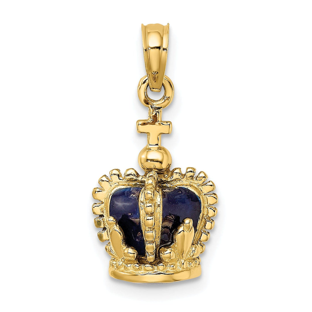 14K Yellow Gold Polished Blue Enamel Finish 3-Dimensional Beaded Design Crown with Cross on Top Charm Pendant