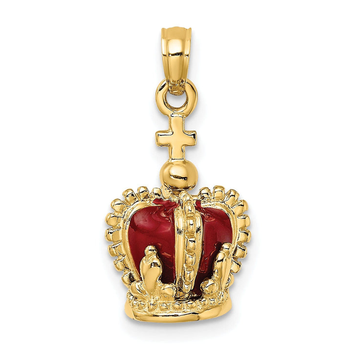 14K Yellow Gold Polished Red Enamel Finish 3-Dimensional Beaded Design Crown with Cross on Top Charm Pendant