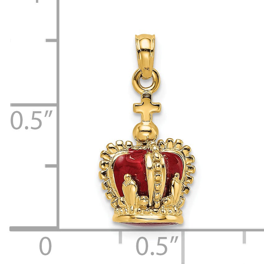 14K Yellow Gold Polished Red Enamel Finish 3-Dimensional Beaded Design Crown with Cross on Top Charm Pendant