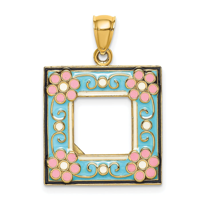 14k Yellow Gold with Multi-colored Enamel Hallow Open Back Polished Finish Aqua Picture Frame with flowers Charm Pendant