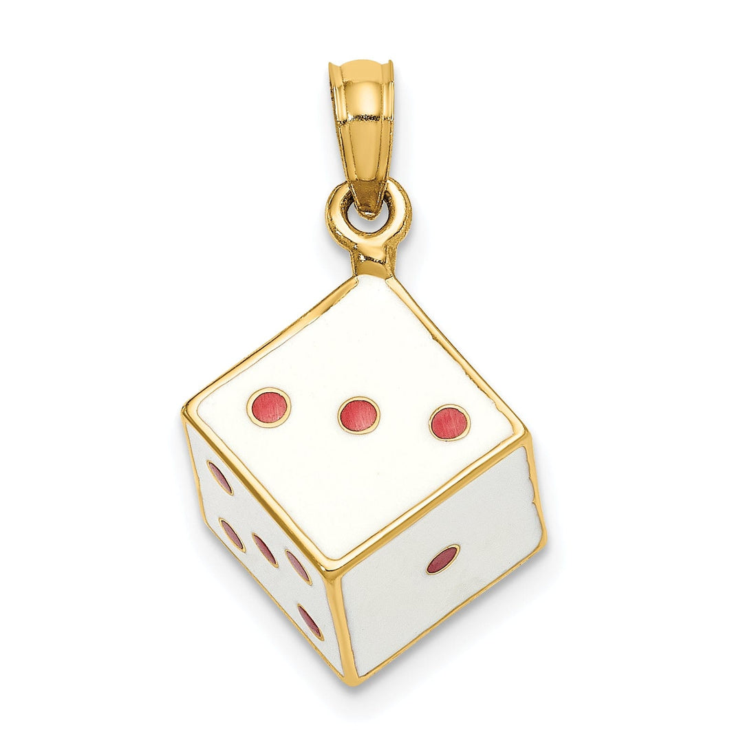 14K Yellow Gold Polished White and Red Enamel Finish 3-Diamentional Dice Charm Pendant