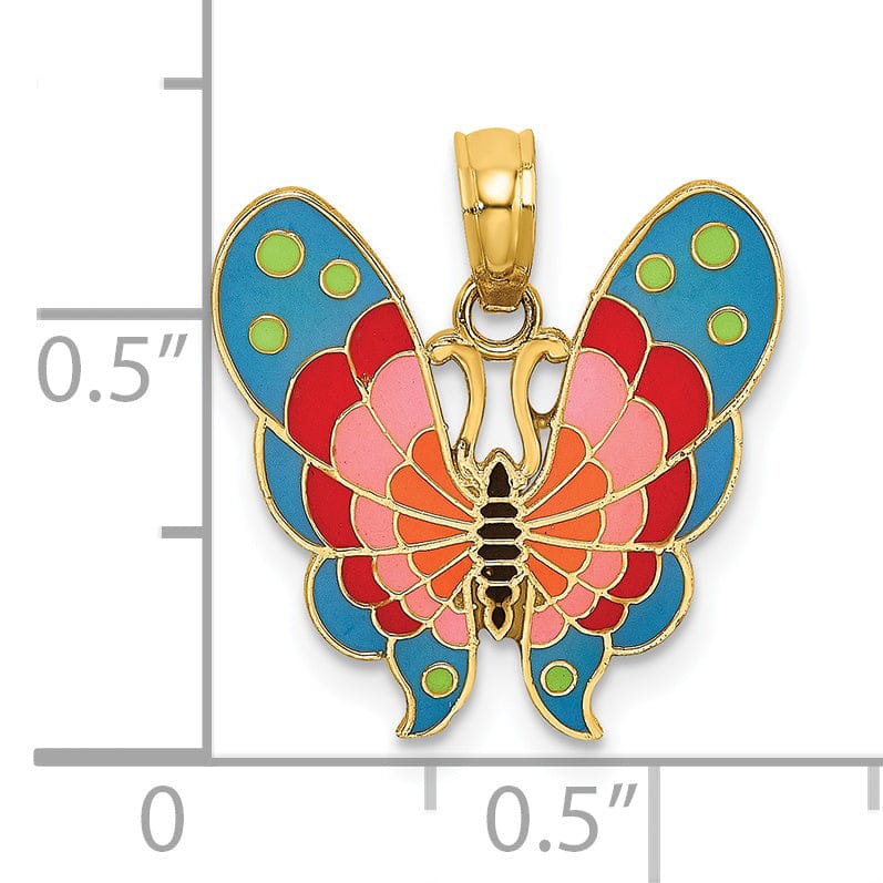14K Yelow Gold with Multi-Color Enamel Solid Textured Back Polished Finish Butterfly Charm Pendant