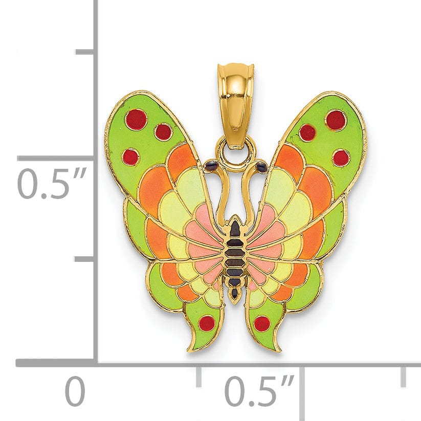 14K Yellow Gold Solid Textured Back Polished Finish with Multi-Color Enamel Butterfly Charm Pendant