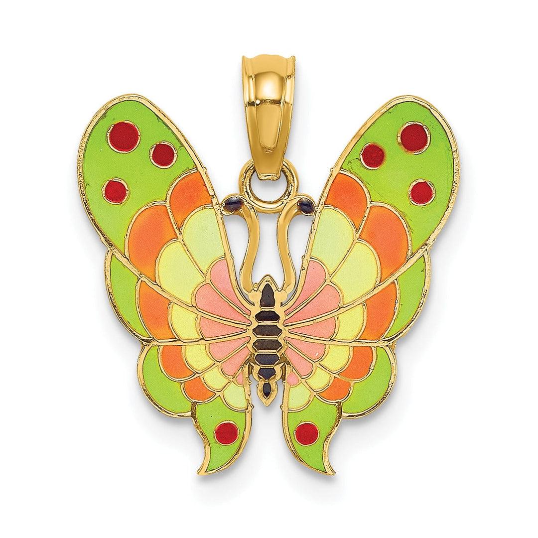 14K Yellow Gold Solid Textured Back Polished Finish with Multi-Color Enamel Butterfly Charm Pendant