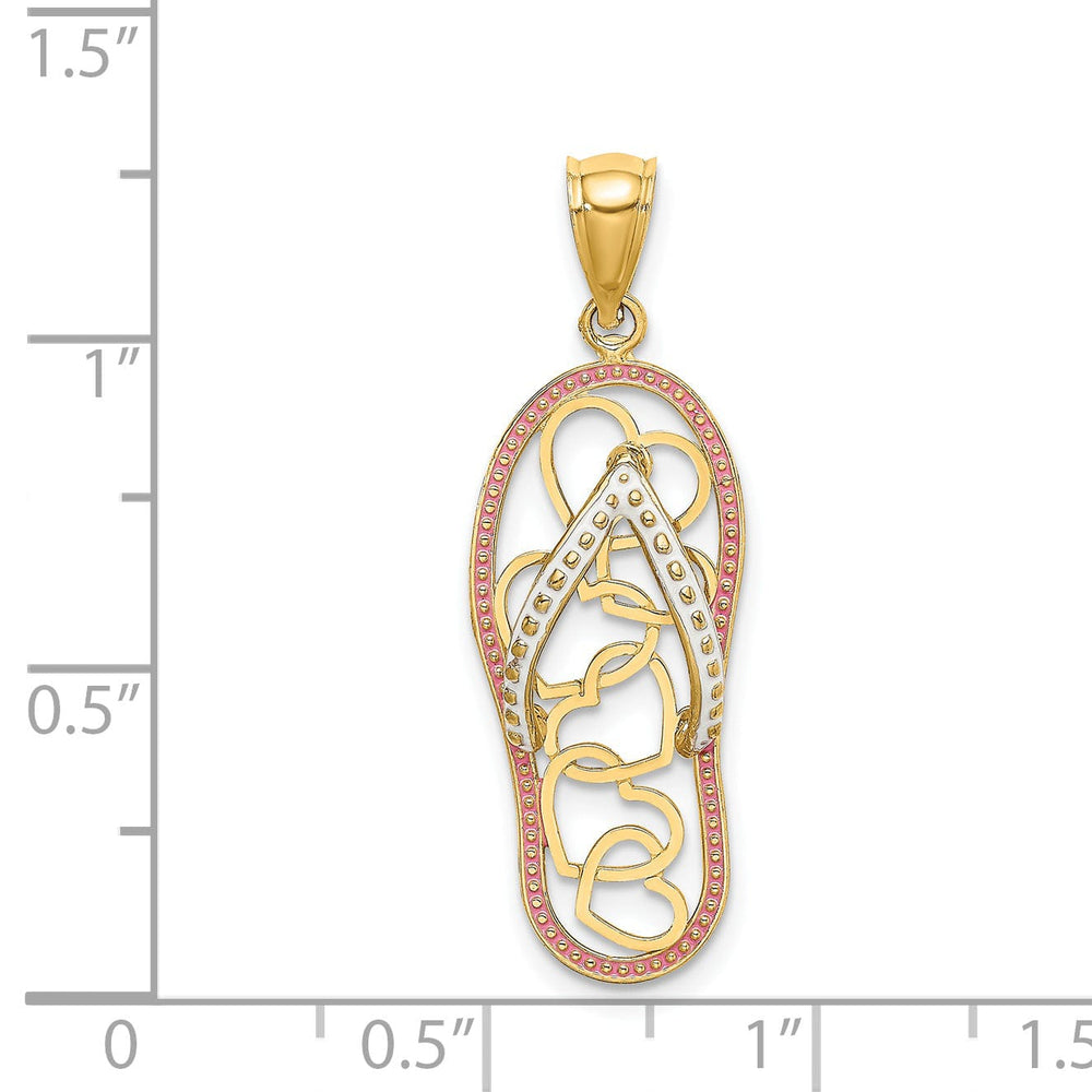 14K Yellow Gold Polished With White and Pink Enameled Finish Multi Heart Design Flip-Flop Single Sandle Charm Pendant