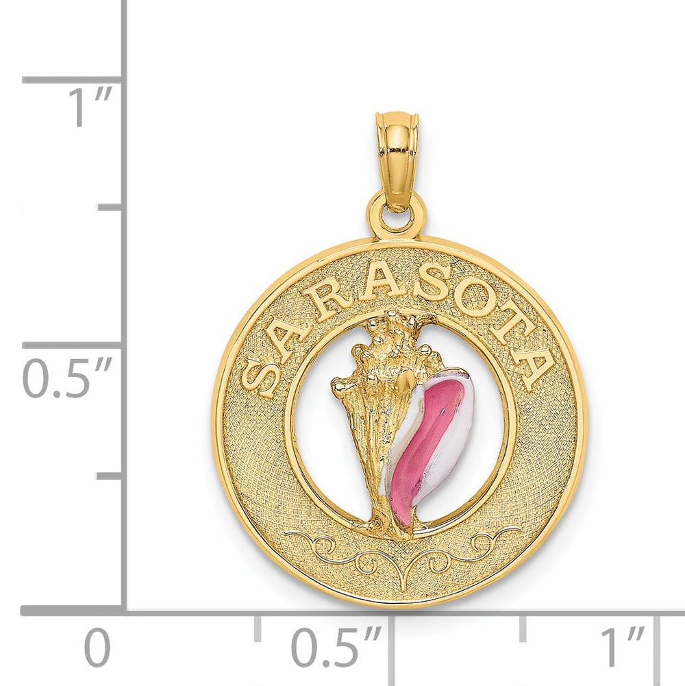 14K Yellow Gold Polished Textured Pink, White Enamel Finish Conch Shell SARASOTA in Circle Design Charm Pendant