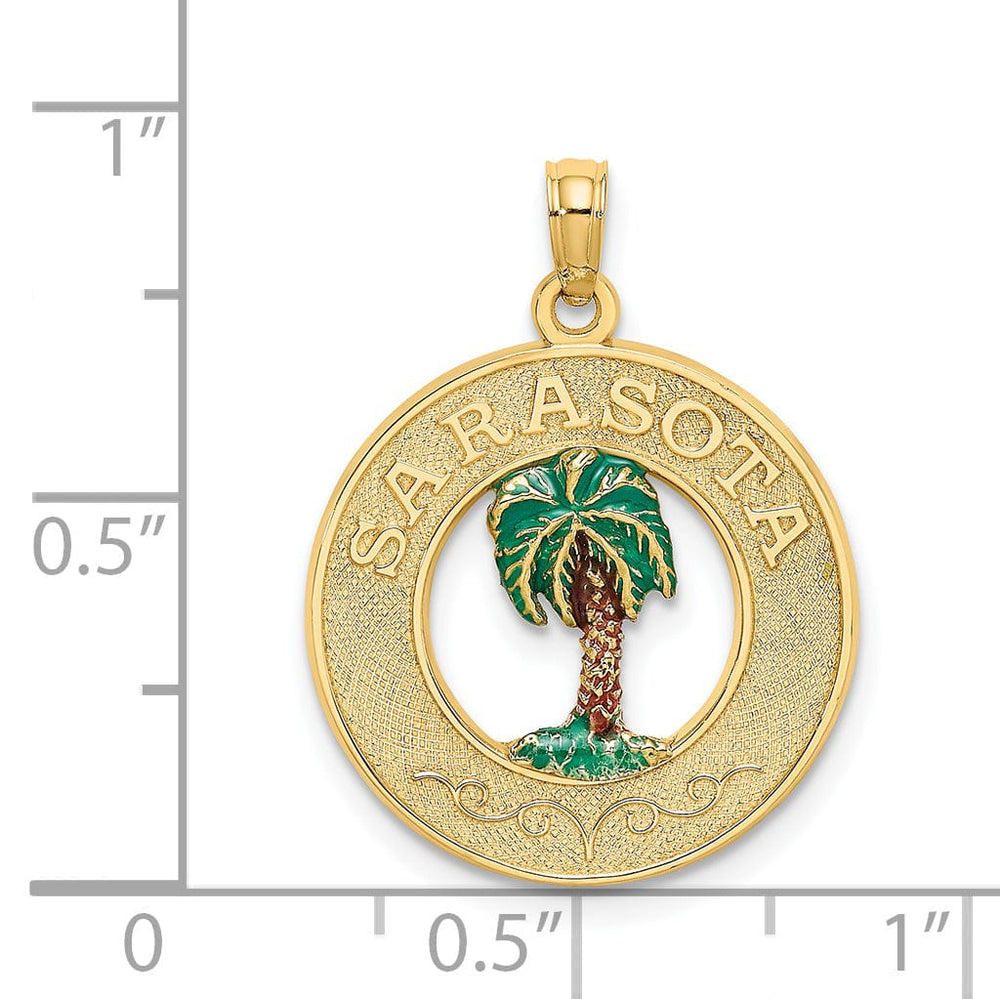 14K Yellow Gold Polished Textured Green, Brown-Color Enameled Finish SARASOTA with Palm Tree in Circle Design Charm Pendant