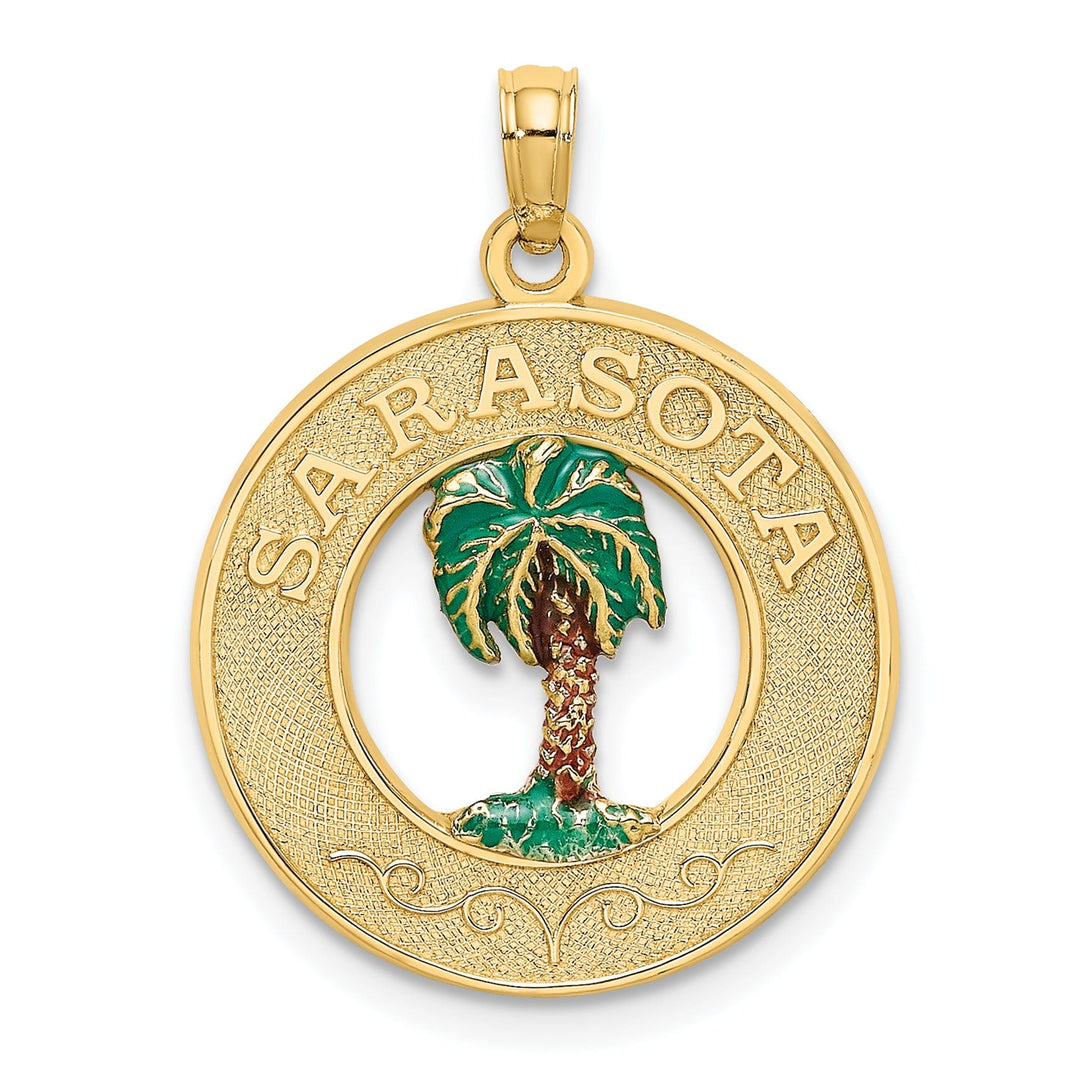 14K Yellow Gold Polished Textured Green, Brown-Color Enameled Finish SARASOTA with Palm Tree in Circle Design Charm Pendant