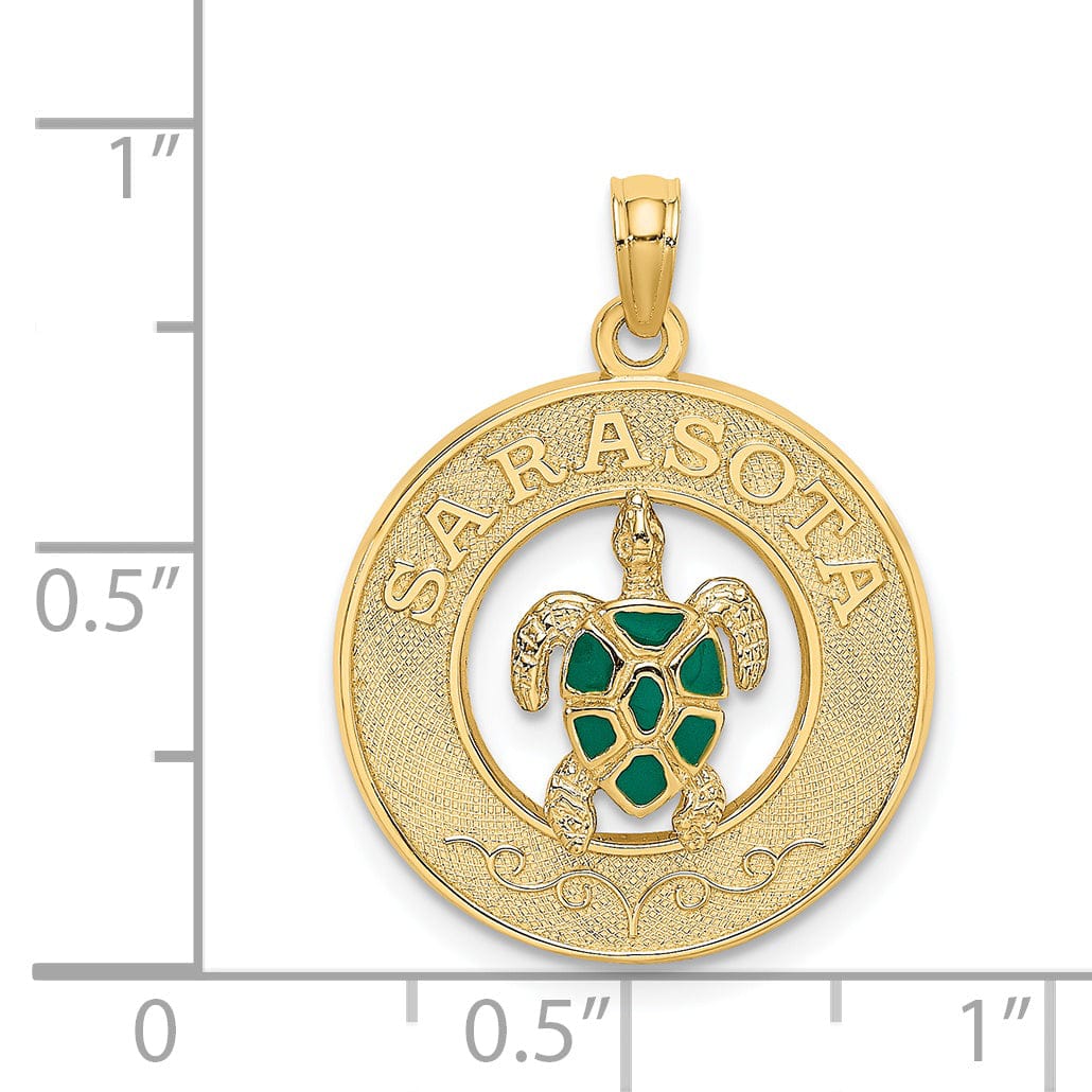 14K Yellow Gold Polished Textured Green, Color Enameled Finish SARASOTA with Turtle in Circle Design Charm Pendant