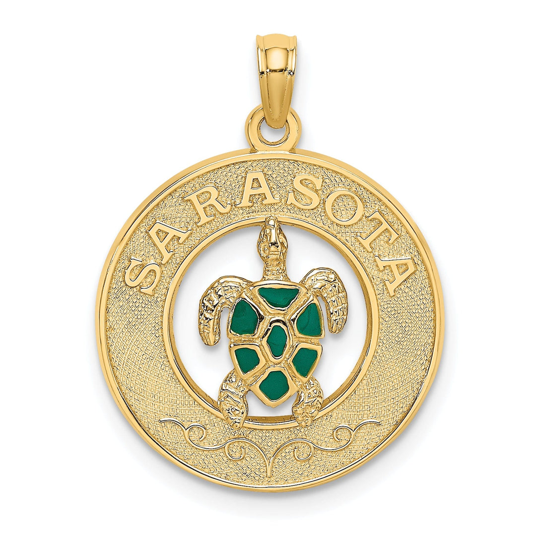 14K Yellow Gold Polished Textured Green, Color Enameled Finish SARASOTA with Turtle in Circle Design Charm Pendant