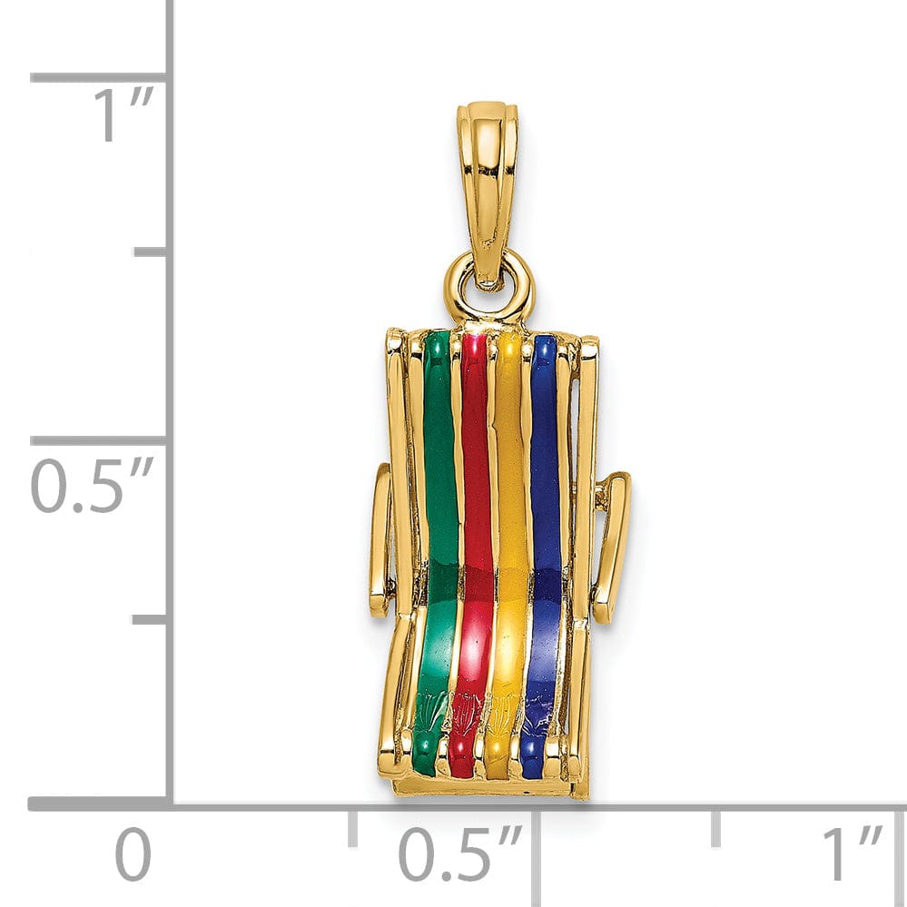 14K Yellow Gold Polished Finish Multi-Color Enameled 3-Dimensional Moveable Beach Lounge Chair Charm Pendant